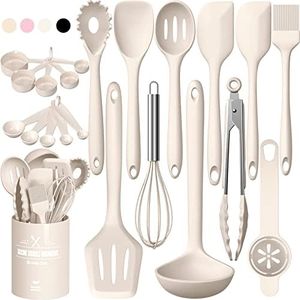 Umite Chef Silicone Kitchen Cooking Utensils Set, 22Pcs Heat Resistant Kitchen Utensils, Spatula, Spoon, Whisk, Dishwasher Safe Kitchen Utensil Gadgets Tools Set for Nonstick Cookware(Khaki)