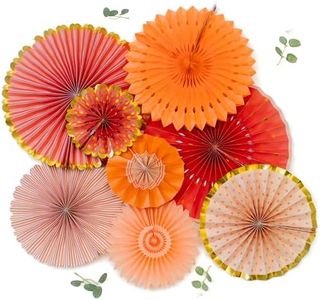 PapaKit Origami Wall Decoration Set (8 Assorted Round Paper Fans) Birthday Party Baby Shower Wedding Events Decor | Creative Art Design Pattern (Bright Orange Bloom with Metallic Gold Accent)