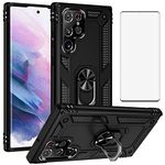 Asuwish Phone Case for Samsung Galaxy S22 Ultra 5G With Tempered Glass Screen Protector Cover Stand Ring Holder Hard Magnetic Shockproof Kickstand Gaxaly S22ultra 22S S 22 22ultra G5 Women Men Black