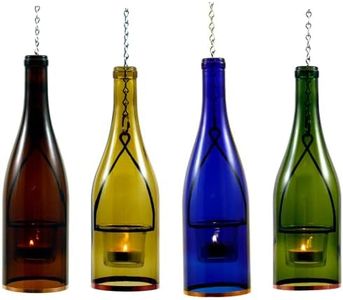 Blue Ridge Mountain Gifts Hanging Wine Bottle Indoor/Outdoor Lantern Lights - Decorative Lights Votive Candle Holder, Great for Rustic Wedding Decorations, Patio Decor or Garden Decor, Assorted (4pcs)
