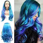 AFBeauty Lace Front Wig Highlight Blue Purple Colorful Wavy Ombre Wigs for Women Lace Frontal Pink Green Wig Synthetic Heat Resistant Natural Loose Wave Glueless Lace Wigs 24 Inch Daily Party Cosplay