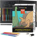 ARTEZA Kids Coloring Book and Colored Pencils Set, Dinosaur Illustrations, 50 Double-Sided Sheets, 100-lb Paper