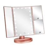 Flymiro Tri-fold Lighted Vanity Makeup Mirror with 3x/2x Magnification,21 LEDs Light and Touch Screen,180 Degree Free Rotation Countertop Cosmetic Mirror,Travel (Rose Gold)