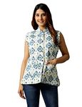 Ravaiyaa - Attitude is everything Women's Floral Printed Reversible Quilted Jacket Coat Blazer Jacket Sleeve less Waistcoat (White Blue Ikat, X-Large)