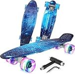 BELEEV Skateboard Complete 22 x 6 inch Mini Cruiser Skateboard for Kids Teens Beginners, PU LED Light up Wheels with Skate T-Tool(Galaxy blue)