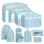 Oceanevo Set of 10 Pieces Packing Cubes Organiser for Travel, Travel Organizer Bags for Luggage, Suitcase includes 2 Drawstring Bags, Shoe Bag and Toiletry Bag with Hook - Set of 10 - Sky Blue