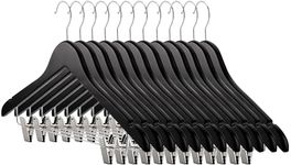 12 Pack Wooden Suit Hangers, 16.7 Inch Long Non-Slip Trousers Hangers with Adjustable Clips, Heavy-Duty Natural Solid Wood Hangers for Pants, Coats, Jackets, Skirts, Blouse Suits (Black)