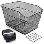 Mkuero Bike Baskets Rear, Metal Rear Bicycle Basket with Bike Basket Liner and Adjustable Cargo Net, Waterproof Bike Basket for Most Rear Mounted Bike Racks