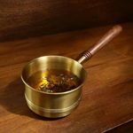 Ellementry Arra Brass Tea Pan with Wooden Handle - 750 ml | Induction Pan/Sauce Pan/Chai/Milk Pot/Tapeli Patila | Small Non Stick Saucepan | Gas Ready | Any Occasion Gifts for Family and Friends