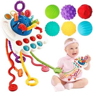 Qizebaby Montessori Toys for Babies,UFO Shape Colorful Pull String Teether Toy，Soft Teething Sensor Balls Sets，2 in 1 Baby Sensory Toys for 6-12 Months，Fine Motor Skills Toys for Toddlers Boy Girl 1-3