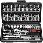 WAIZHIUA 46Pcs Socket Wrench Set, 1/4'' Drive Socket Wrench Driver Bits Set Metric Tool Kit with Flexible Extension Rods, Quick Release Reversible Ratchet, Wrench Handle for Home Car Repair