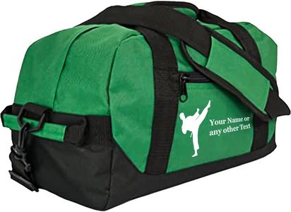 Personalized Passion 14” Small Sports Duffel Bags for Kids - Waterproof Travel Duffle with Name & Martial Arts Design - Dark Green Two-Toned Kids Weekender Bag for Boys and Girls