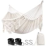 Anyoo Cotton Hammock with Tassels Portable Compact Outdoor Hammock with Carrying Bag for Garden Patio Porch Yard, Load 200KG White