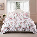 ZJZC Art Ruffle Duvet Cover Set Queen, 100% Cotton Pink Rose Floral Duvet Cover Cottage French Countryside Vintage Shabby and Chic 3 Pieces with Pillow Shams (Rose,Full)