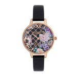 Olivia Burton Women's Stainless Steel Quartz Watch with Leather Strap, Black, 12 (Model: OB16GH11)