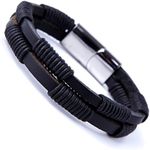 Urban Jewelry Unique Men's Coal Black Cuff Genuine Leather Bracelet with Stainless Steel Clasp