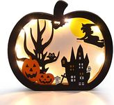 CCINEE Halloween Wooden Table Sign,Light Up Pumpkin Table Centerpiece Topper for Halloween Table Top Party Decoration Supply