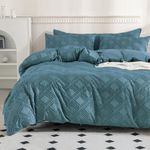 JELLYMONI King Size Grayish Blue Microfiber Tufted Duvet Cover Set, Boho Textured Jacquard Rhombus Geometric Pattern Duvet Cover with Corner Ties & Zipper Closure