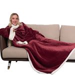 Wearable Blanket with Sleeves,Super Soft Blanket for Adult Women and Men, Comfy Warm Large Plush Fleece TV Throw for Full Body with Pocket (Wine Red 55.1"X70.8")