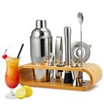 Gunolye 2 10 Pieces, Stainless Steel Shaker Cocktail Making Set,Large Drink Mixer Bamboo Stand,Perfect Home Bartending Kit(750ML)