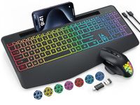 Trueque Wireless Keyboard and Mouse Backlit - 9 Effects, Full Size Ergonomic Keyboard with Wrist Rest, Jiggler Mouse, Phone Holder, Rechargeable Silent Light Up Combo for Computer, Laptop, PC (Black)