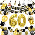 60th Birthday Decoration Kit, Black Gold Cheers to 60 Years Banner, 60th Birthday Party Supplies with Heart-Shaped Foil Balloons, Golden Confetti Balloons, Latex Party Balloons for Woman and Man