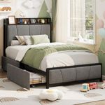 GAOMON Twin Size Bed Frame with 2 Storage Drawers and Charging Station, Rustic Linen Upholstered Platform Bedframe with Storage Headboard, Heavy Duty, No Box Spring Needed, Easy Assembly, Noise Free