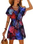 Ekouaer Women's Cover Ups Casual Swimsuit Coverups Flowy Tie Waist Beach Cover Up Dress(Black Red Leaf, Medium)