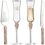 iooiluxry Bridal Shower Gifts for Bride, Wedding Cake knife and Server Set Rose Gold Mr and Mrs Champagne Flutes, Wedding Glasses for Bride and Groom, Wedding Gifts for Couples (Rose Gold)