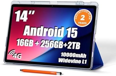 14 inch Large Screen Tablet, Android Tablet 16GB RAM 256GB ROM, 1920 * 1200 IPS FHD Display, Widevine L1, 10000mAh 18W Charging, Wi-Fi & Bluetooth, 4G LTE, with Stand Case & Stylus, 2-Year Protection