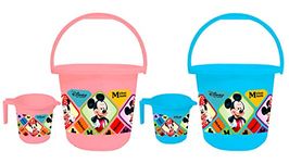 Kuber Industries Disney Mickey Minnie Print 4 Pieces Unbreakable Virgin Plastic Bathroom Bucket with Mug Set- Pink & Blue, (2 Pc 16 LTR Bucket & 2 Pc 500 ML Mug) -HS_35_KUBMARTS17944