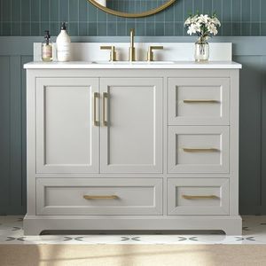 DELUXE LIVING 42 Inch Bathroom Vanity with Sink Combo, Solid Wood Frame with Stone Top & Backspalsh, Fully-Assembled with Soft-Closing Doors & 4 Drawers, Greige