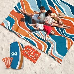 Everlasting Comfort Beach Blanket Waterproof Sandproof - Large Oversized Beach Mat for 10 People w/Stakes, Storage Bag - Beach Accessories for Family, Picnic, Concert, Travel