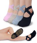 RATIVE X-Cross Anti Slip Non Skid Barre Yoga Pilates Hospital Socks with grips for Adults Men Women (Medium, 4-pairs/Solid Assorted)