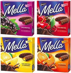 Jutrzenka MELLA Chocolate Coated Jelly Variety Pack of 4 x 6.7 oz. ORANGE, LEMON, CHERRY & BLACKCURRANT. Product of Poland.