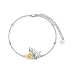 Cat Bracelet for Women 925 Sterling Silver Sunflower Cat Link Adjustable Bracelet with Crystal from Austria, Cat Jewelry Gifts for Cat Lovers