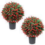 homegroove 21.6” Tall Artificial Rose Topiary Ball Tree Set of 2 Pack, Faux Boxwood Ball Tree UV Resistant Potted Bushes Fake Plants for Outdoor Front Door Porch Home Office Decor