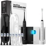 Aquasonic Duo PRO Ultra Whitening 40,000 VPM Electric Smart ToothBrushes ADA Accepted - 4 Modes with Smart Timers - UV Sanitizing & Wireless Charging Base - 10 Proflex Brush Heads & 2 Travel Cases