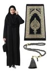 Muslim Dresses for Women, One-Piece Long Sleeve Islamic Prayer Dress & Prayer Rug & Beads, Islamic Set, Black, XS-XXL