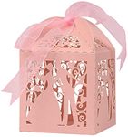 Vinayakart Paper 50 Pcs Wedding Candy Boxes Couple Design Luxury Laser Cut Party Wedding Favor Ribbon Candy Boxes Gift Box Table Decorations (Pink)