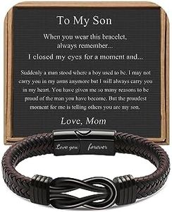 𝗞𝗻𝗼𝘁 𝗕𝗿𝗮𝗰𝗲𝗹𝗲𝘁 𝗚𝗶𝗳𝘁𝘀 𝗳𝗼𝗿 𝗠𝗲𝗻 Brown Braided Leather Stainless Steel Infinity Bracelets Lettering Love You Forever Gifts for Son Grandson Husband Boyfriend Brother Always Linked Together, 8.5 inches,