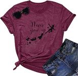 Never Grow Up Shirt for Women Magic Kingdom Tshirt Family Vacation Tee Fairy Graphic Short Sleeve Tops, Wine Red, Large