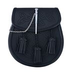 KSUC Supplies Embossed Black Leather Scottish Kilt Sporran With Pin Lock & Tassels, Black, 7" x 1.5" x 8"