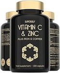 Vitamin C and Zinc Tablets - 1000mg VIT C Enhanced with Zinc, Iron, Copper High Strength - 120 Easy to Swallow Capsules - Vegan Immune System Complex Vitamin C Supplement with Superior Absorption