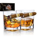 YouYah Cigar Whiskey Glasses with Cigar Holder-Set of 2,Cigar Accessories,Crystal Whisky Glass Set with Indented Cigar Rest,Premium Rocks Glass,for Cocktails,Scotch,Bourbon,Gifts for Men(9.5oz)