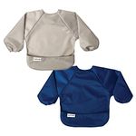 Tiny Twinkle Mess Proof Baby Bib, 2 Pack Full Sleeve Bib Outfit, Waterproof Bibs for Toddlers, Machine Washable, Tug Proof Closure, Baby Smock for Eating, Long Sleeve (Grey Indigo, Small 6-24 Months)