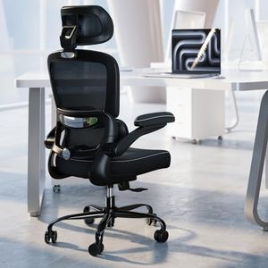 TRALT Ergonomic Office Chair - Computer Desk Chairs with Flip-Up Arms Comfy PU Leather & Adjustable 3D Headrest Mesh Office Chair - Gaming Chairs for Adults Home Office Swivel Executive Task (Black)