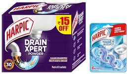 Harpic Drain Xpert Drain Cleaner Powder (50g x 8) | Effective Sink Cleaner, Drain Blockage Remover, Drain Pipe Cleaner & Harpic Power Fresh 6 Toilet Cleaner Rim Block, Marine Splash - 35 g