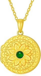 SOULMEET 14K Plated Gold Round Sunflower Emerald Locket Necklace That Holds Two Pictures Natural Gemstone Locket Pendant Necklace with 20" 10K Gold Chain (Locket Only)