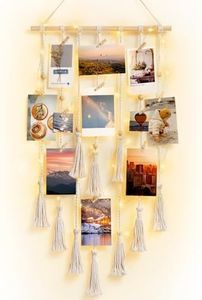 Dahey Hanging Photo Display Wall Decor Macrame Wall Hanging Boho Collage Picture Frames with 30 Clips Photo Hanger with String Light Decor for Dorm Bedroom Living Room Teen Girl Christmas Gift